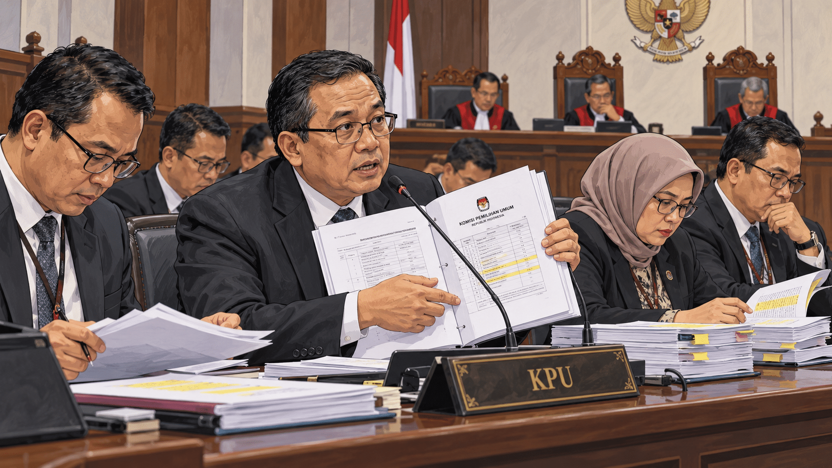 Tim kuasa hukum KPU menyampaikan eksepsi dan jawaban termohon dalam persidangan sengketa di Mahkamah Konstitusi.